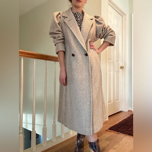 VINTAGE Jill Jr Pinstripe Wool Mid Length Coat OS Pleated Shoulders Neutral - Picture 4 of 16